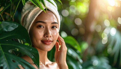 Woman with a towel on her head, glowing skin, smiling softly in a lush green setting with natural sunlight filtering through leaves