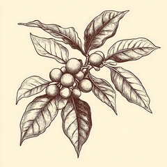 Minimal line art coffee plant drawing coffee berries leaves vintage sketch botanical illustration design