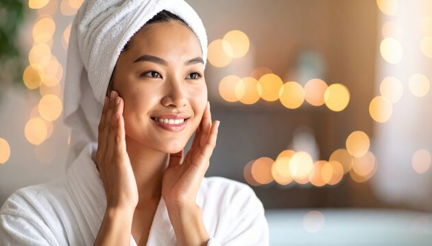 Young woman in white bathrobe and towel on head, smiling while applying skincare, illuminated by warm bokeh lights