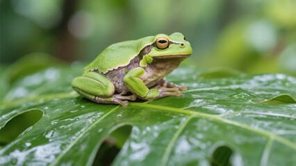 Naklejka premium A vibrant tree frog rests on a tropical leaf, embodying nature's delicate beauty. 