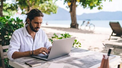 Remote work by beach: A man working with a laptop sits at a table near the beach under trees, work in harmony with nature. - Powered by Adobe