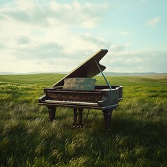 Minimalist scene piano nature beauty calm harmony landscape music surreal contrast green field mood
