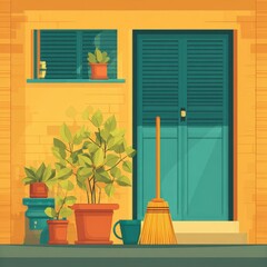 Exterior view of a building facade with plants and a door.