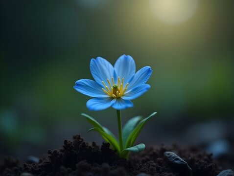 a small blue flower is growing out of the ground generative ai