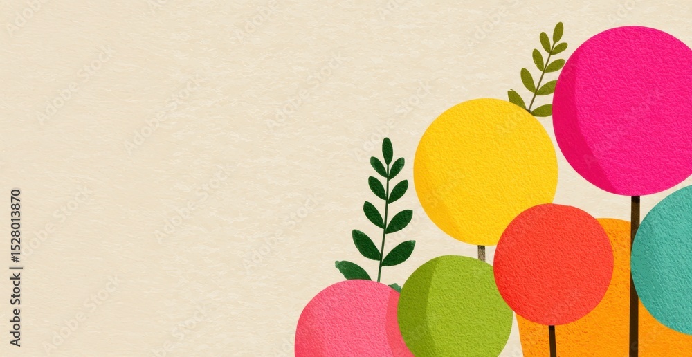 Poster colorful abstract shapes with leaves on a soft beige background for use in creative projects and des