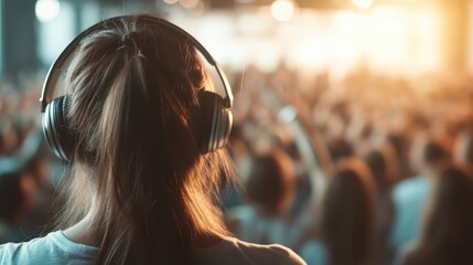 A young individual enjoys a live concert experience, captured from behind, surrounded by energetic crowd and vibrant lights, showcasing the thrill of shared musical moments.
