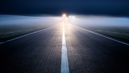 misty runway with illuminated lights during night leading into the foggy distance creating a mysterious and atmospheric aviation scene