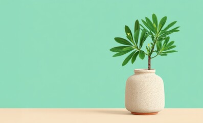 Elegant indoor plant with lush green leaves in textured ceramic vase against a soft mint green background for home decor and design inspiration