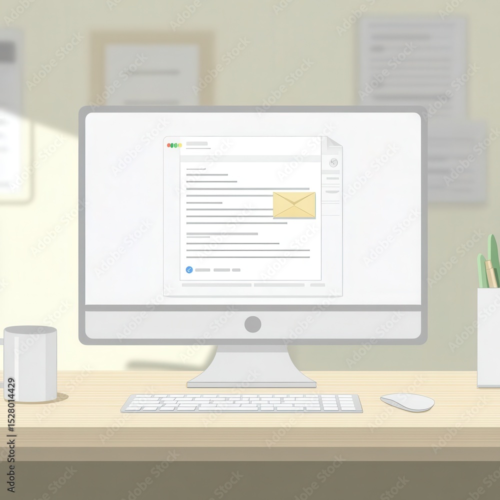 Poster computer screen displaying email message on a light-colored desk.