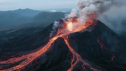 Aerial camera glides above glowing lava streams, following the molten river from the mountain base to the erupting crater, smoke and embers rising dramatically against dark slopes. - Powered by Adobe