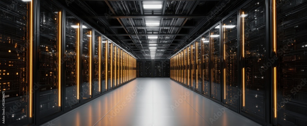 Poster the modern data center featuring advanced server technology and futuristic design.