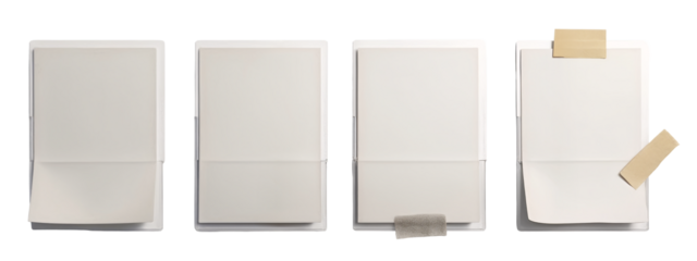 A set of four white envelopes with a piece of tape sticking out of them.