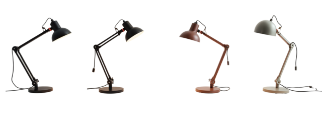 A set of four different colored lamps