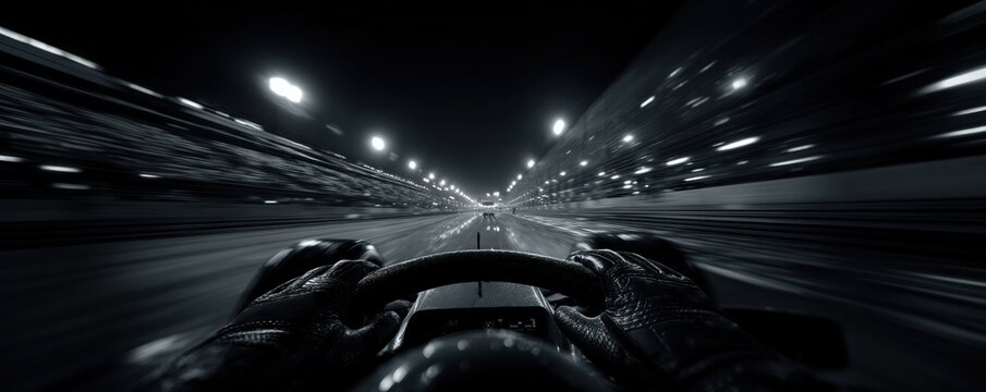 Driver's hands grip wet steering wheel at night with motion blur stretching ahead under bright track lights, creating dramatic tunnel-like speed effect. Concept of motorsport, speed, competition.