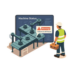 Isometric illustration depicting a factory worker reviewing a machine status alert predicting an impending system failure requiring immediate maintenance.