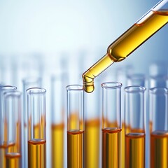 Experimental science scene with pipette and orange substance in glass tubes for lab research concept art image