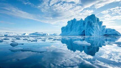 Huge iceberg reflecting in calm arctic waters under blue sky with clouds and many small ice floes floating around, creating a beautiful and serene polar landscape