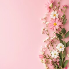 Flat lay spring floral background with white daisies and pink blossoms for romantic and seasonal design themes