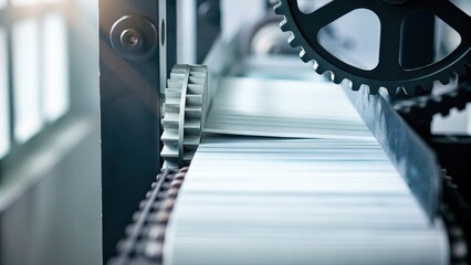 A printing press machine processes sheets of paper in an industrial setting under bright lighting.