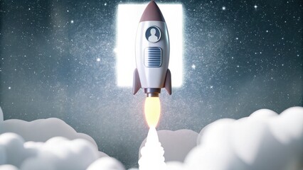 A rocket launches into a starry sky, leaving clouds behind, symbolizing exploration and adventure.