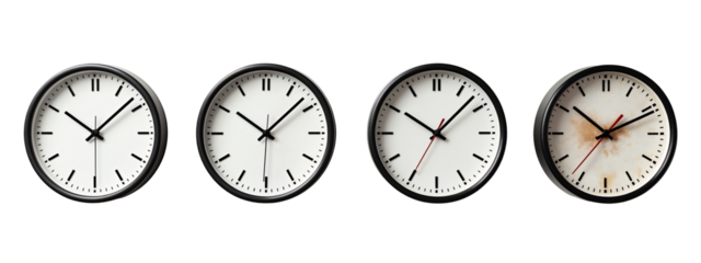 A set of three black and white wall clocks with red hands.