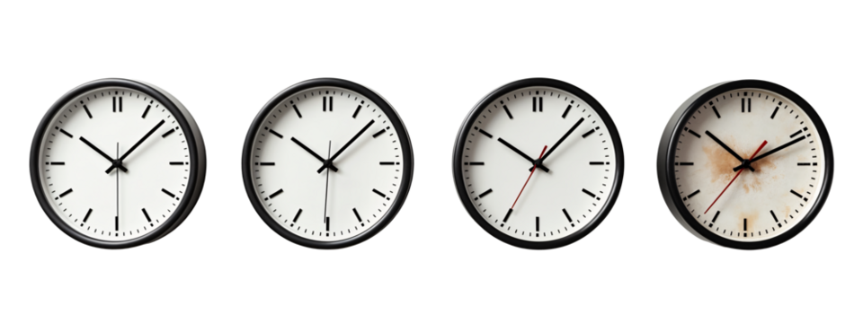 A set of three black and white wall clocks with red hands.