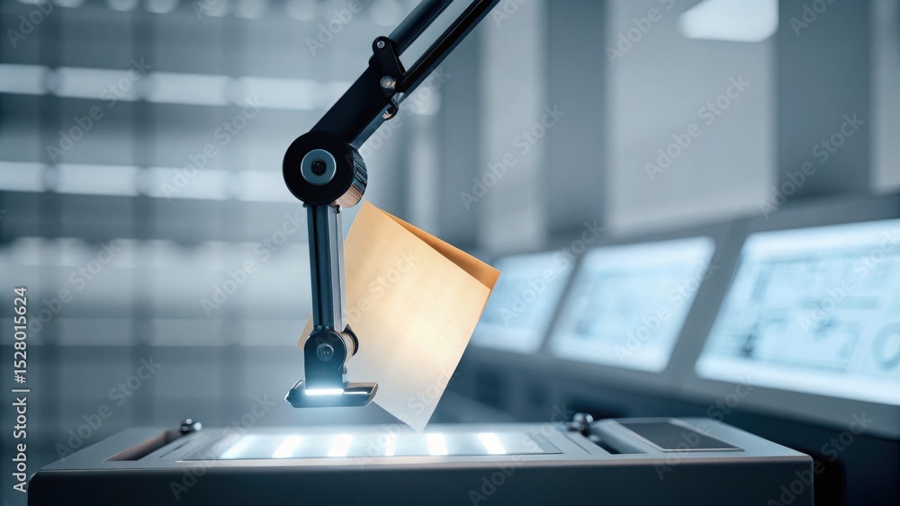 Poster a robotic arm scans a document in a high-tech laboratory with digital screens in the background.