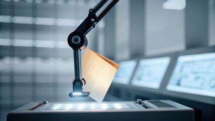 A robotic arm scans a document in a high-tech laboratory with digital screens in the background.