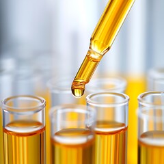 Glass test tubes with yellow chemical and pipette drop for healthcare, diagnostics, and biochemistry designs image