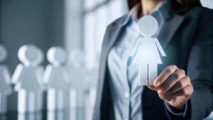 A businesswoman holds a female icon, symbolizing women"s empowerment and gender diversity in the workplace.