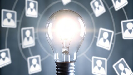 A glowing light bulb in front of connected profile icons, symbolizing networking, innovation, and ideas.