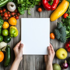 Healthy organic vegetables and fruits surrounding blank white paper sheet for recipe mockup and nutrition design image