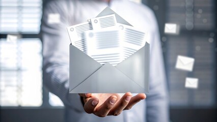 A person holds an open envelope with floating letters, documents, and emails, symbolizing digital communication and mail.