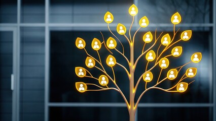 A glowing family tree with user profile icons on each branch, symbolizing connections and relationships.
