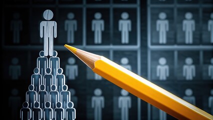 A pyramid of human icons symbolizes hierarchy and leadership, with a pencil pointing at the top figure, representing management or selection.