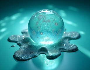 Captivating sphere on sparkling liquid, a mesmerizing abstract composition