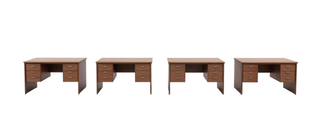 A set of three wooden desks with drawers on each side.