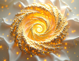 Luminous golden spiral with sparkling particle effects on draped white fabric