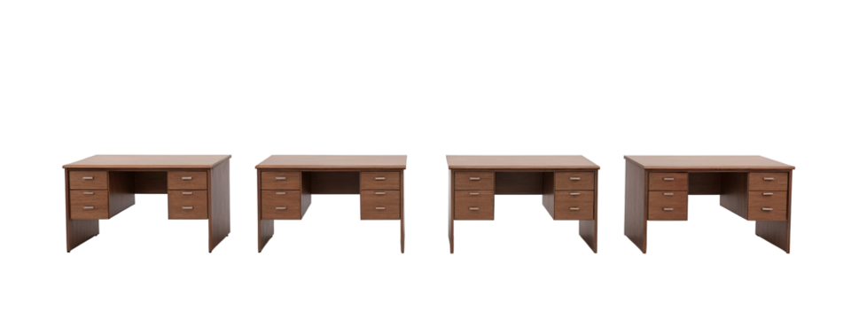 A set of three wooden desks with drawers on each side.
