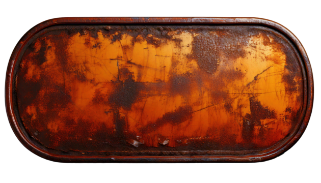 The image is of a rusty, old metal sign with a brown background. The sign is oval in shape and he is worn and weathered. Scene is one of nostalgia and decay, as the sign's age