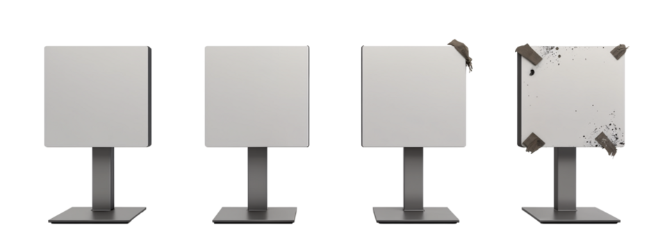 A set of four white boards on a metal stand.