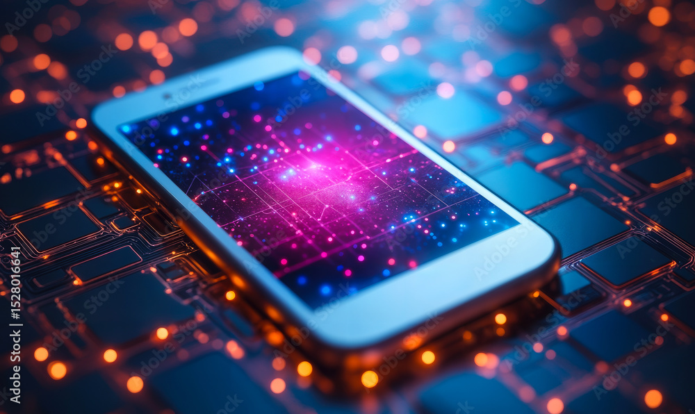 Poster smartphone on circuit board with glowing digital visualization of data flow and network connections 