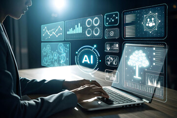 Person typing on laptop with AI interface displaying data visualization and machine learning concepts in a futuristic setting, close-up hands.
