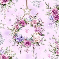 Floral wreaths, pastel pink,  glitter snowflakes, hanging ornaments