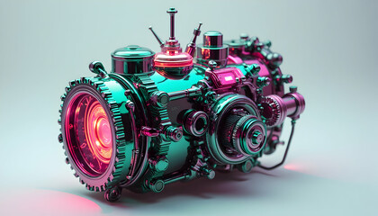 Detailed steampunk engine design illuminated with a vibrant color palette and intricate details