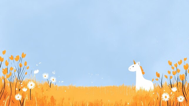 Illustration of a cute white unicorn in a field of yellow flowers under a blue sky. Perfect for children's books, cards, and whimsical designs.