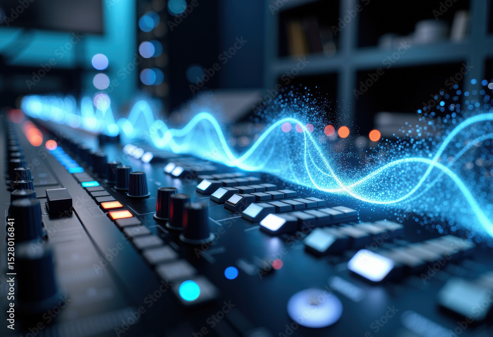 Poster digital audio mixer with illuminated controls and dynamic waveforms in a modern studio setting