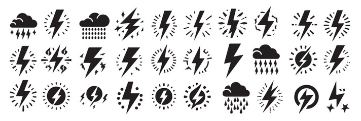 lightning bolt icon vector set isolated white background black flash symbol thunderbolt vector