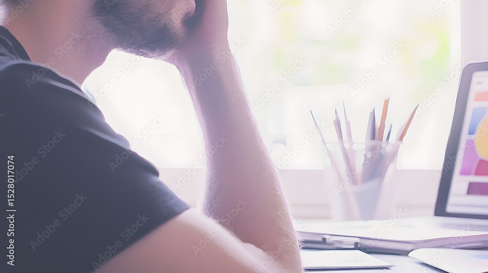 Poster businessman sitting at desk with laptop and smartphone while managing work tasks efficiently
