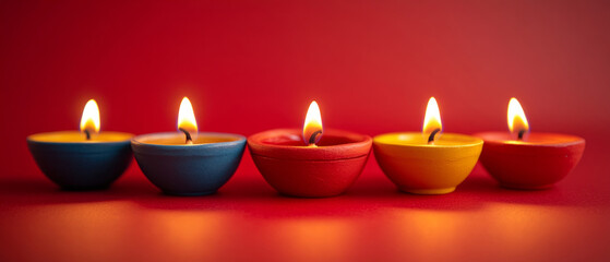 Four burning candles on a red background, creates an atmosphere of coziness and warmth for holiday cards and scented candle ads.